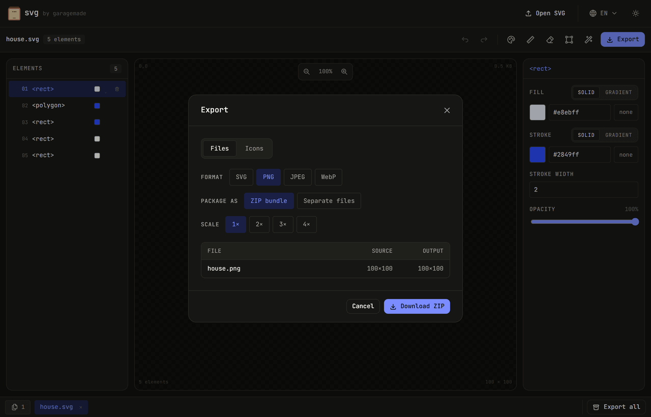 The export dialog: choose SVG, PNG, JPEG or WebP, pick a scale, and download a ZIP bundle or separate files.
